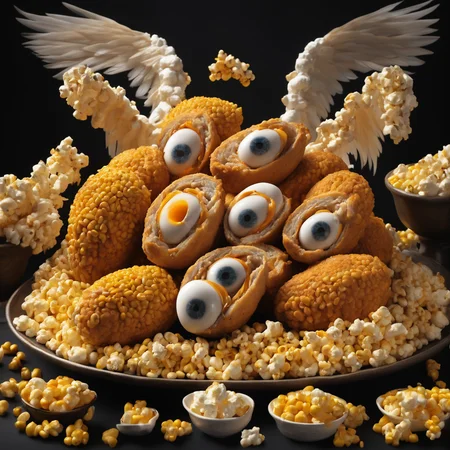 <lora:biblical_angels:0.8>photographic realism,biblicalangellora, integrated,wings, many eyes,buffalo wings and things, scotch eggs,dark background,<lora:CornKernelStyle:0.6>corn kernels,popcorn