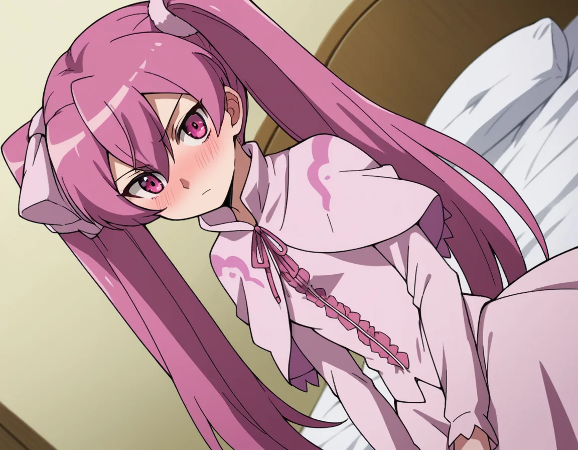score_9, score_8_up, score_7_up, source_anime,
agkmine, <lora:agk-mine-s1-ponyxl-lora-nochekaiser:1>,
mine, long hair, twintails, pink hair, pink eyes,
dress, pantyhose, pink dress, capelet, pink capelet, pink skirt, skirt, long sleeves,
indoors, bed, bed room, on side, blush, drunk,
cowboy shot, solo, dutch angle, looking at viewer,