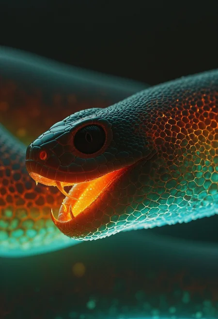 An extreme macro close-up of the translucent laughing snake’s head, capturing every detail of its intricate scales, lifelike texture, and vibrant neon sss tones of brown, olive, deep blue, and black. Its sharp, translucent teeth and detailed tongue gleam with moist realism, lit dramatically by a soft backlight that highlights the subsurface scattering. A shallow depth of field emphasizes the lifelike details, with a cinematic film grain adding a vintage touch. The translucent skin reveals a mesmerizing internal glow, creating an intimate and surreal portrait of the snake.