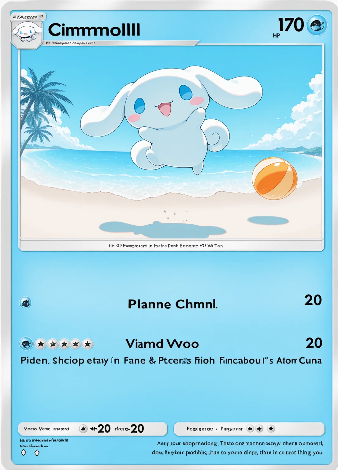 (Cinnamoroll:1.05), hand wave, outdoors, excited, (palm tree, beach:0.95), white blue theme, looking at viewer, full body, beachball, jumping,
character name, text, english text, fake screenshot, official style,
copyright name, watermark, artist name, copyright notice, watermark,
shiny border
card (medium), original tcgpocket,
from side,
rating safe, eitmksg,
masterpiece, best quality, amazing quality, <lora:Cinnamoroll-10:1.0> <lora:eitmksg:1.0> <lora:tcg_pocket_resized:1.0>