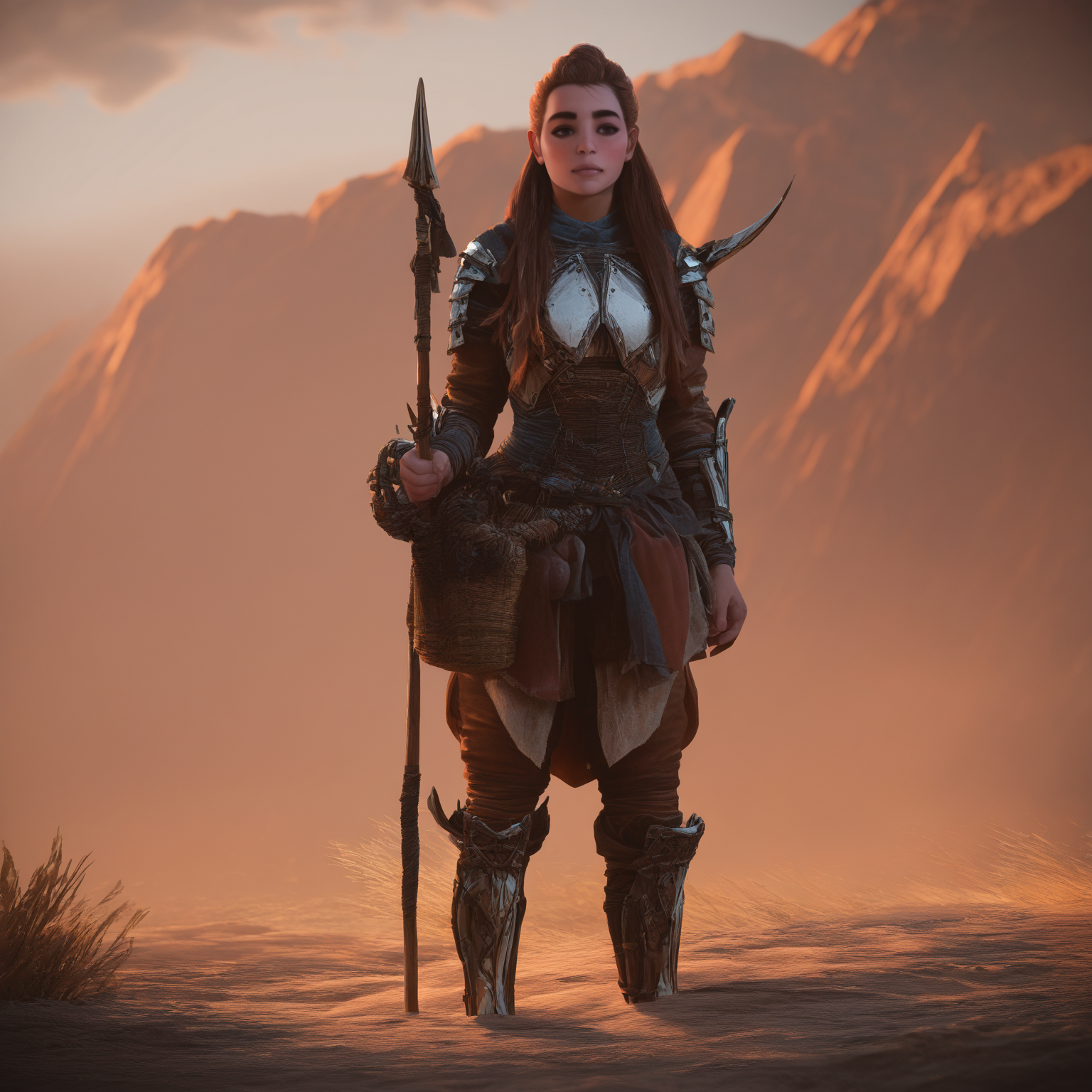 1girl,long hair,brown hair,freckles,wide shot,armor,holding spear,<lora:HorizonForbiddenWestStyle_illustrious:1>,horizonfwstyle,realistic,masterpiece,newest,