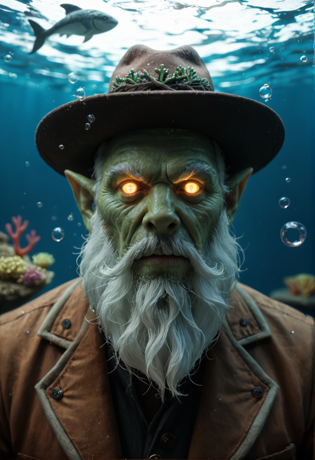 <lora:necrophos_v1:0.8>necrophos_v1, 1boy, game,
glowing,  
pointy ears,
colored skin, green skin,
facial hair, long white beard, 
glowing eyes, white eyes, no pupils, blank eyes,
hat,
old, old man,
sharp fingernails,, score_9, score_8_up, score_7_up, score_6_up, derpibooru_p_95, 
detailed eyes, beautiful, detailed background, perfect eyes, 
solo, 
sharks, coral, sand, fish, underwater, water droplets,water drops,looking at viewer,facing viewer, water bubbles,full body
blur censor, blurry, blurry background, blurry foreground, bokeh, motion blur,
chromatic aberration, depth of field, figure, focused,  focus
photography, realistic sun light and shadows, photorealism, UHD --ar 9:16 --style raw --stylize 700,