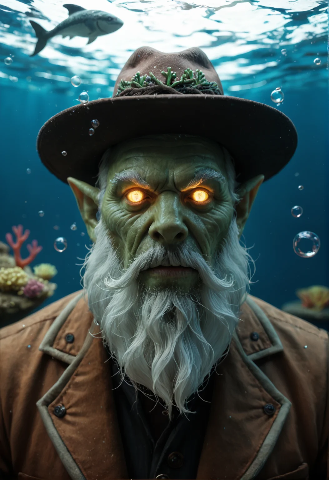 <lora:necrophos_v1:0.8>necrophos_v1, 1boy, game,
glowing,  
pointy ears,
colored skin, green skin,
facial hair, long white beard, 
glowing eyes, white eyes, no pupils, blank eyes,
hat,
old, old man,
sharp fingernails,, score_9, score_8_up, score_7_up, score_6_up, derpibooru_p_95, 
detailed eyes, beautiful, detailed background, perfect eyes, 
solo, 
sharks, coral, sand, fish, underwater, water droplets,water drops,looking at viewer,facing viewer, water bubbles,full body
blur censor, blurry, blurry background, blurry foreground, bokeh, motion blur,
chromatic aberration, depth of field, figure, focused,  focus
photography, realistic sun light and shadows, photorealism, UHD --ar 9:16 --style raw --stylize 700,