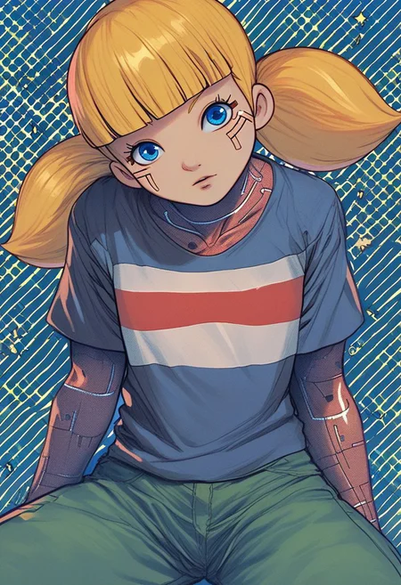 score_9, halftone effect, 1girl, solo,looking at viewer, sinozick style, penny \(inspector gadget\), shirt, stripe, green pants, blue eyes, blonde hair, cyberpunk, cyberwear, techwear,