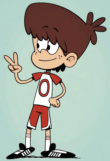 (score_9 | score_8_up | score_7_up) ((masterpiece:1))(best quality,very high quality,ultra detailed:1.2) (2D,cartoon style,anime style)(Smooth:2)(clean blurring) (four fingers on each hand,one thumb on each hand:1), Boy Lynn loud, solo, 1boy, Brown hair, thick Brown hair, round nose, freckles, red And white jersey shirt with a 0 on it, red And white shorts, white socks, black shoes