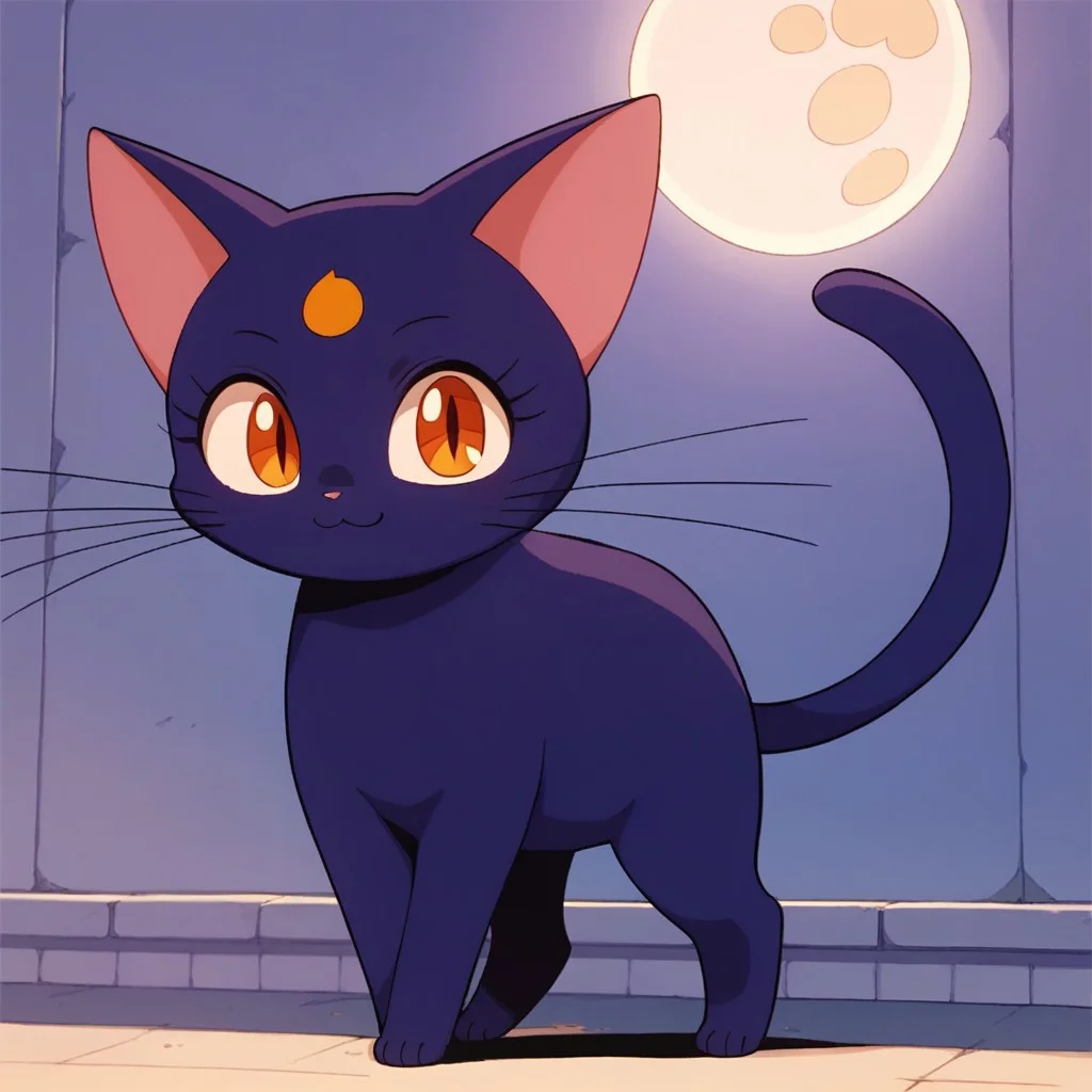 score_9_up, score_8_up, cat, furry, anime, whiskers,  Luna, female, solo, dark purple fur, Moon crest on forehead, no human, full body, outside, stand on a wall, look at viewer, smile,