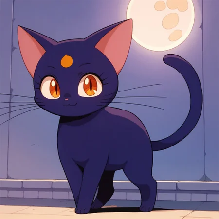 score_9_up, score_8_up, cat, furry, anime, whiskers, Luna, female, solo, dark purple fur, Moon crest on forehead, no human, full body, outside, stand on a wall, look at viewer, smile,