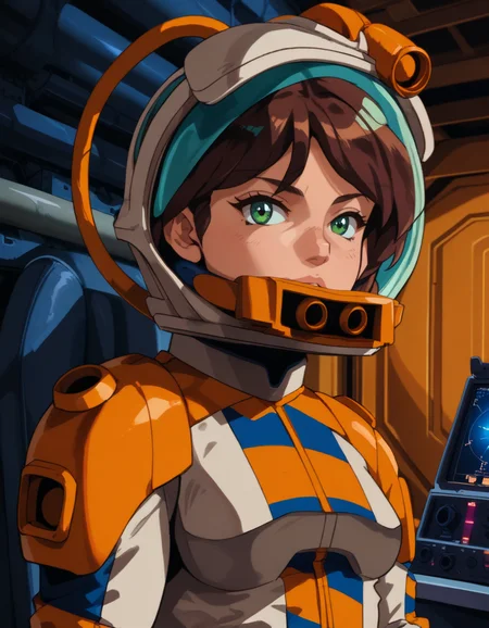 Long exposure photo of score_9, score_8_up, score_7_up, score_6_up BREAK ot0m, de1, 1girl, space helmet, pilot suit, solo, orange mask, green eyes, brown hair, looking at viewer, cowboy shot, <lora:OtaKingMondayAshlinPDXL32v1.5tx1-000015:1>, Blurred motion, streaks of light, surreal, dreamy, ghosting effect, highly detailed