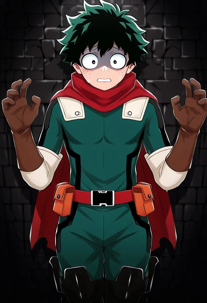 1boy, short male, solo, izuku midoriya, looking at viewer, scared, dungeon, masterpiece