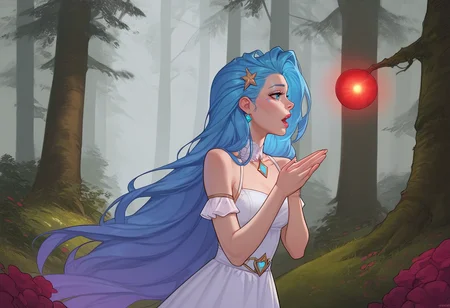 masterpiece,best quality, highly detailed, score_9, score_8_up, score_7_up, score_6_up, score_5_up, score_4_up, Expressiveh, forest, solo,
1girl, seraphine \(league of legends\), blue hair, standing, looking at own hands, white dress, holding red orb with both hands, glowing red, small orb, open mouth, puckered lips,
<lora:Expressive_H:0.65> <lora:incase-ilff-v3-4:0.5> <lora:Smooth Style 2 SDXL_LoRA_Pony Diffusion V6 XL:0.25> <lora:Meinfischer:0.5>