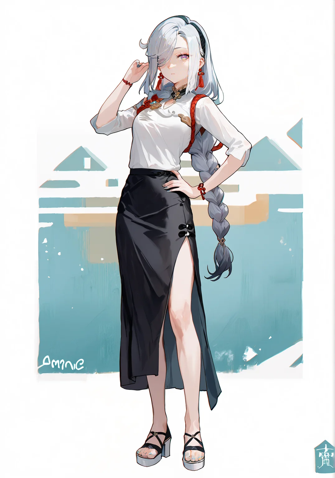 score_9, score_8_up, score_7_up, score_6_up, 8k,
8k, best quality, masterpiece, (ultra-detailed:1.1), (high detailed skin),
(full body), white background, standing, looking at viewer, (solo), hand on hip,
<lora:ganshenxianre-pony-Tanger-000003:0.8>,shenhe \(genshin impact\),Shenhe's casual clothes,1girl, long hair, jewelry, hair over one eye, braid, breasts, shirt, black skirt
(beautiful_face), ((intricate_detail)), clear face,
((finely_detailed)), fine_fabric_emphasis,
((glossy)), full_shot, <lora:agm-artist-richy-v1_pdxl:0.7>,
