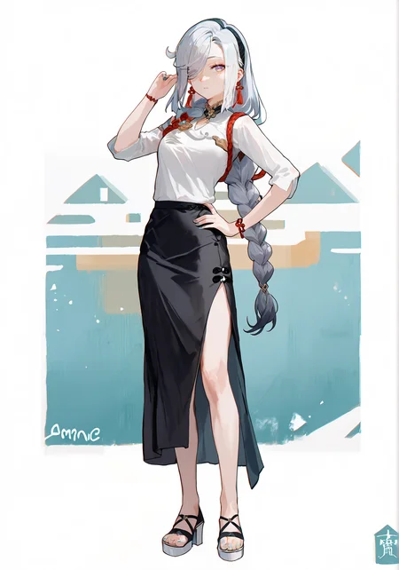 score_9, score_8_up, score_7_up, score_6_up, 8k,
8k, best quality, masterpiece, (ultra-detailed:1.1), (high detailed skin),
(full body), white background, standing, looking at viewer, (solo), hand on hip,
<lora:ganshenxianre-pony-Tanger-000003:0.8>,shenhe \(genshin impact\),Shenhe's casual clothes,1girl, long hair, jewelry, hair over one eye, braid, breasts, shirt, black skirt
(beautiful_face), ((intricate_detail)), clear face,
((finely_detailed)), fine_fabric_emphasis,
((glossy)), full_shot, <lora:agm-artist-richy-v1_pdxl:0.7>,