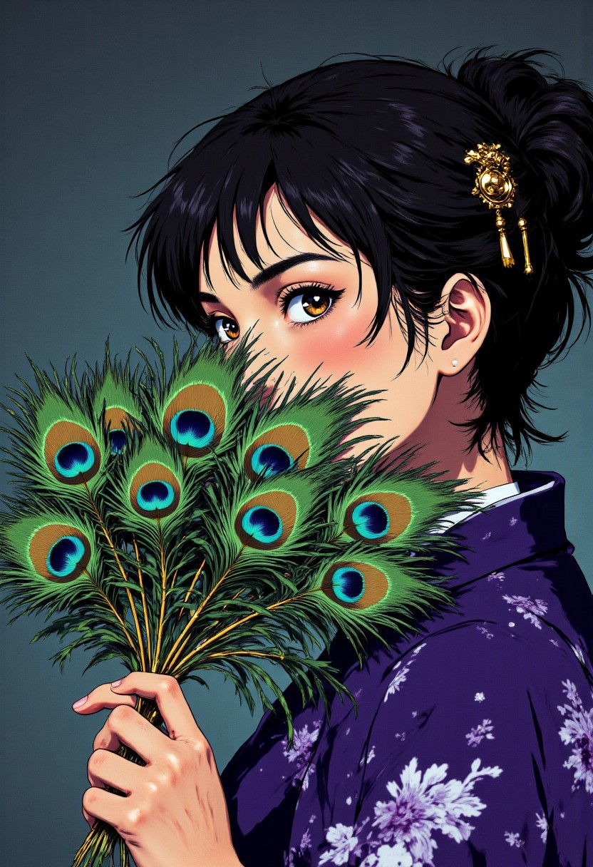 A captivating profile portrait of a beautiful East Asian woman with her face partially concealed behind an arrangement of ACTUAL peacock eye feathers. These natural peacock feathers (8 complete eyes) are assembled side by side, one by one, forming a perfect semicircular array, with their quills/stems visibly converging at a wooden handle where they're secured. Each individual peacock eye feather maintains its true organic texture, dimensionality, and structure - the barbs, fibers, and iconic iridescent "eye" patterns clearly three-dimensional with their natural blue-green-purple shimmer. the genuine feathers themselves arranged side by side in perfect alignment. The woman holds this semicircular array of feathers with precise elegance between her fingers as one would hold playing cards - thumb positioned on one side, several fingers supporting underneath with practiced grace. Her face is captured in true perfect profile (exactly 90-degrees), with only her almond-shaped eyes deliberately glancing sideways toward the viewer. The peacock feather arrangement conceals the lower half of her face, revealing only her eyes and forehead. Her hair is styled in a traditional elegant updo with ornate gold hairpins. The lighting emphasizes the authentic iridescence of the peacock eyes against her porcelain skin, highlighting the subtle variations in color and texture that only real feathers possess. anime