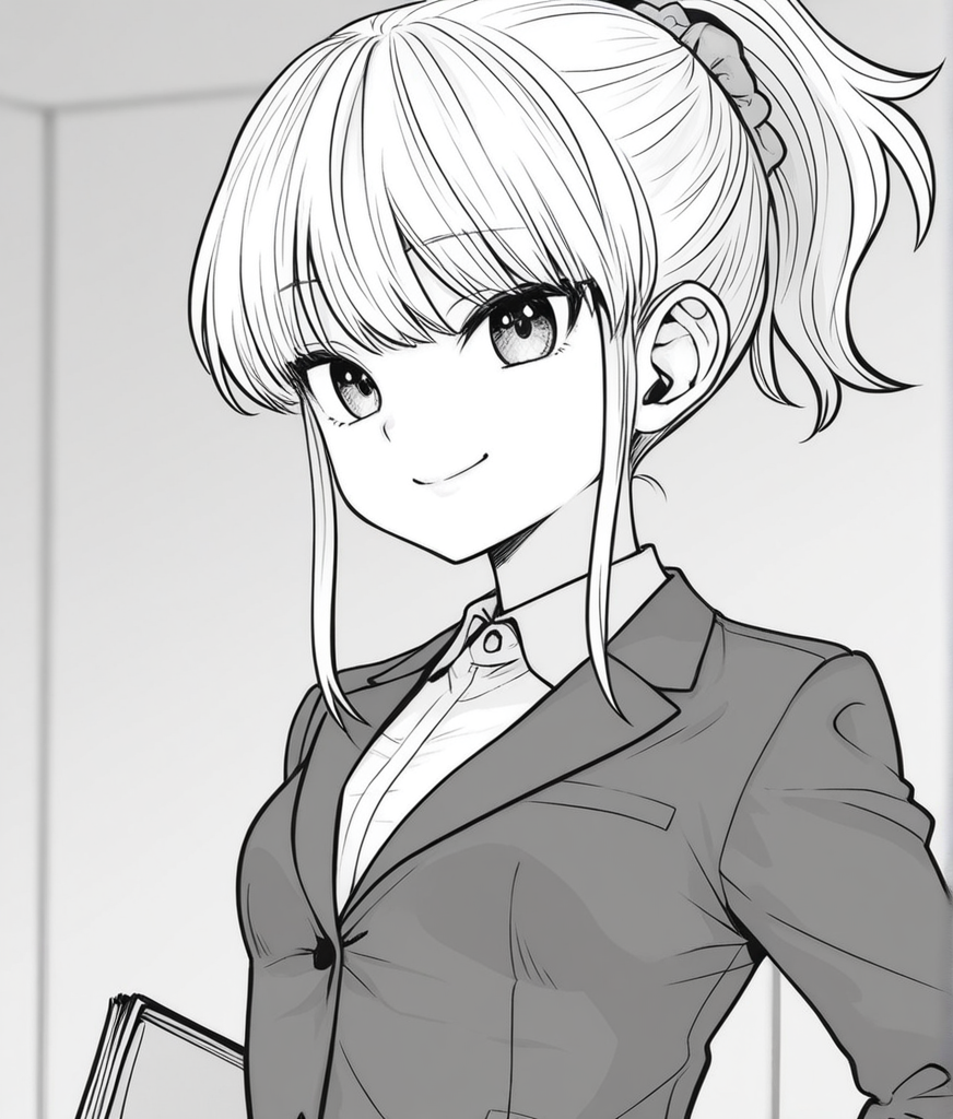 1girl, Iyo, monochrome, greyscale, ponytail, small breasts, office lady, jacket, smile