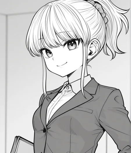 1girl, Iyo, monochrome, greyscale, ponytail, small breasts, office lady, jacket, smile