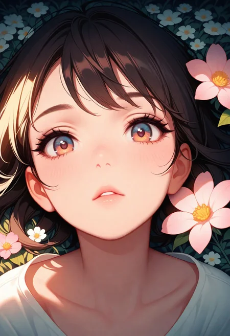 masterpiece, best quality, amazing quality, very aesthetic, flat colors, (artist:rain_rkgk:1), (artist:Tsuaii:1),
1girl, close up portrait, eye focus, looking at viewer, from above,
Bright lighting, flower field