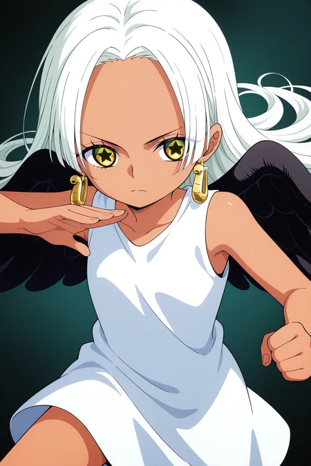 1girl, <lora:S-Snake _ One Piece _ Illustrious _ v2:1>, dark skin, white hair, long hair, yellow eyes, star-shaped pupils, earrings, black wings, 
white dress, sleeveless, 
fighting stance,