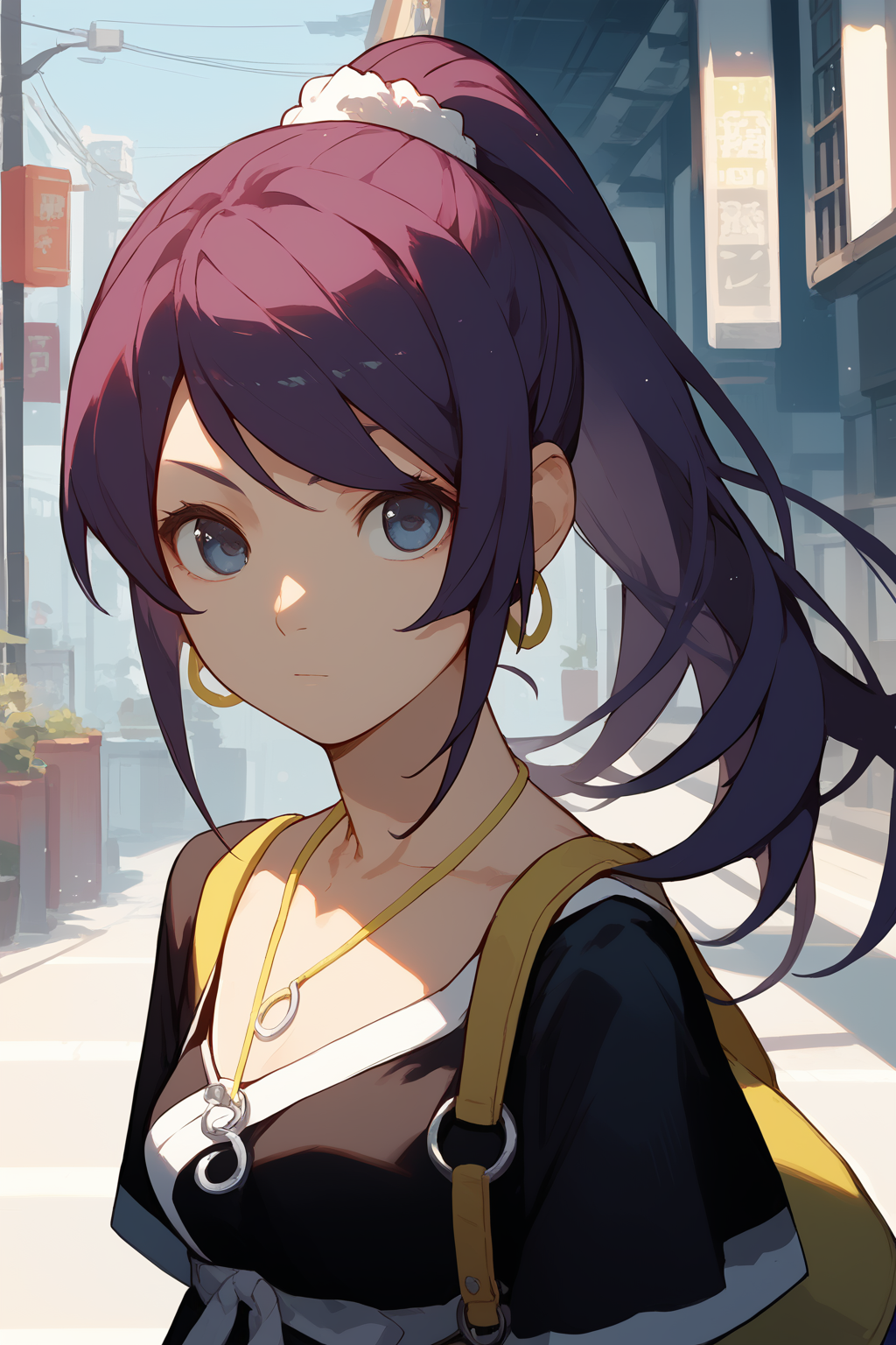 (score_9,score_8_up,score_7_up,),<lora:senjougahara hitagi (1):1>,dangyang,high ponytail,necklace,black dress,source_anime,pointing_at_viewer,purple hair,blue eyes,bag,
