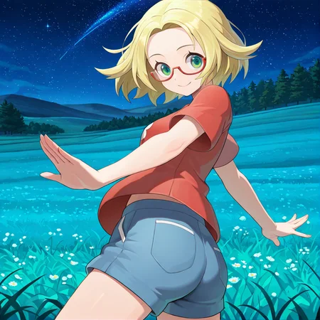 (masterpiece), (best quality), (ultra-detailed), amazing quality, very aesthetic, illustration, perfect composition, intricate details, absurdres, incredibly absurdres, <lora:bianca_bw2_illustrious:1>, biancabw2, 1girl, solo, blonde hair, glasses, green eyes, semi rim glasses, rimmed glasses, red t-shirt, blue shorts, outside, night time, field, stars, smile, looking at viewer, dynamic pose,