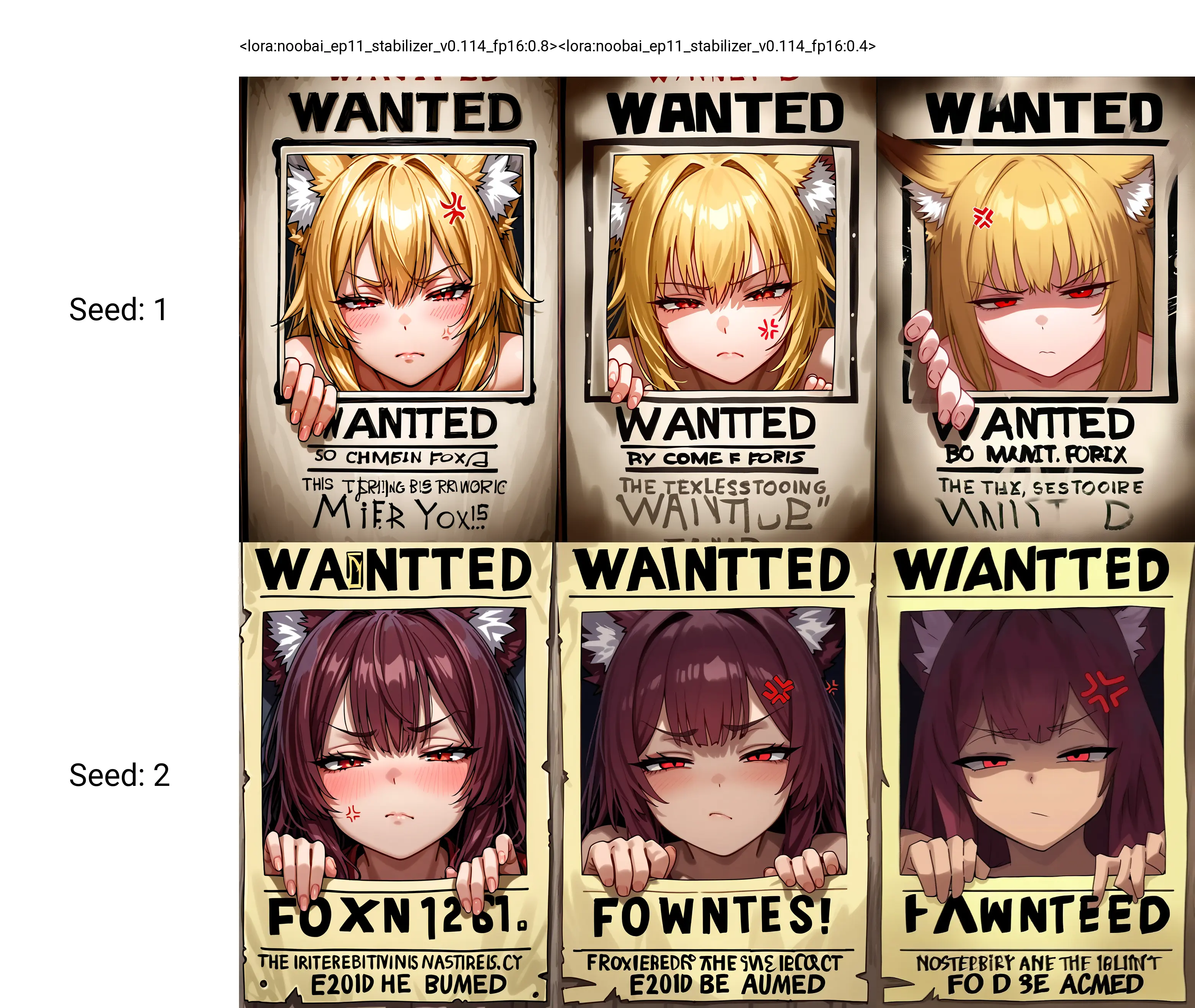 <lora:noobai_ep11_stabilizer_v0.114_fp16:0.8>1girl,fox ears,red eyes,half-closed eyes,anger vein,closed mouth,looking at viewer,(hand on image edge:0.8),fourth wall,in wanted poster,masterpiece,