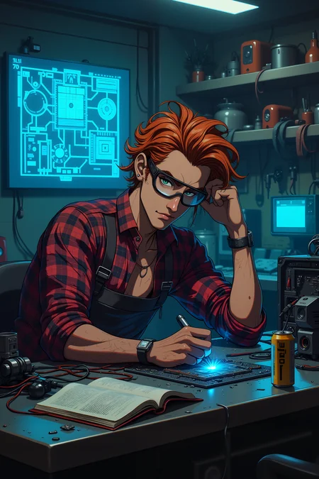 At the heart of a high-tech workshop, a ridiculously good-looking man with tousled auburn hair and striking green eyes sits hunched over a sleek metal workbench, a soldering iron in one hand and a half-assembled circuit board in the other. His rolled-up plaid sleeves reveal toned arms dusted with bits of wire and solder, while his safety goggles rest slightly askew on his nose. Around him, shelves overflow with robotic limbs, disassembled drones, and half-finished inventions, illuminated by the flickering blue glow of holographic schematics projected above his workspace. A tangle of neon wires snakes across the table, connecting to a glowing AI core that pulses like a heartbeat beneath his fingertips. His smirk is subtle but unmistakable, the confidence of a genius who knows exactly what heâs doing. A well-loved sci-fi novel sits open on a nearby stool, next to an energy drink thatâs long since gone warm. The room hums with the quiet buzz of machines, and the faint scent of metal and ozone lingers in the air. He leans back for a moment, running a hand through his messy hair, as if contemplating whether to build the next great invention or simply charm the universe with his effortless cool. , detailed background Fantastic lighting. Detailed shadows.intricate details, vivid colors, hyper-detailed, ultra-sharp, , <lora:aesthetical-000003:0.15><lora:aidmaNSFWunlock-FLUX-PonyStyle-v0.1:0.15><lora:Flux-jijia:0.1><lora:GLSHS:0.6>