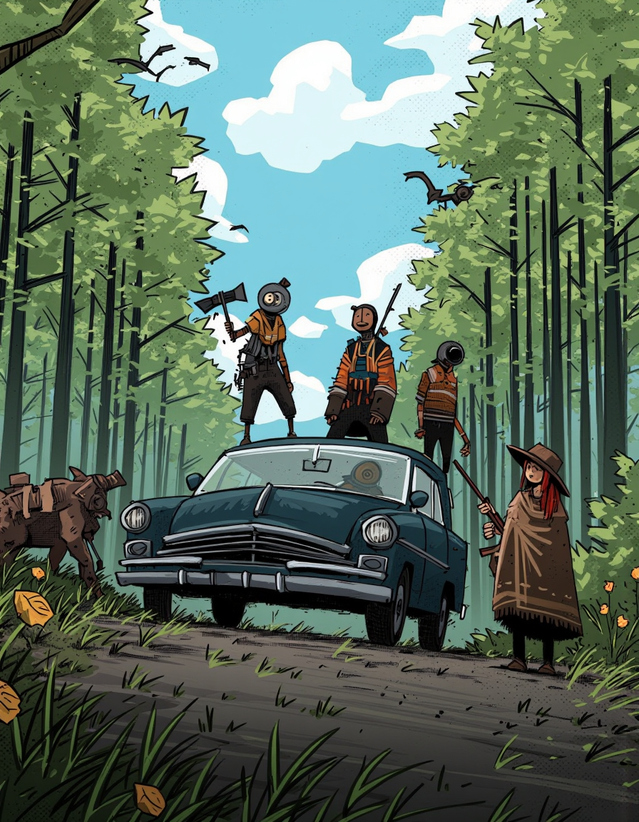 By Alex Vede. A digital illustration shoot from the front about a mysterious scene featuring a group of humanoid figures standing on top of a damaged car in a forest setting, surrounded by tall trees and birds. the scene is set in the middle of the image, with a woman standing in the foreground, wearing a brown cloak and a hat, and holding a bow and arrow. to her left, a man with a long red hair and a serious expression stands, holding a rifle and looking off into the distance. to his right, a robot with a large round head and a long neck is standing behind the woman, holding an axe and a bow, while to his left, another robot with an owl is standing beside the woman. to the right of the woman and the robot, a humanoid figure with a round face and a small body is standing with a stern expression, wearing an orange and black outfit and holding an owl. in the background, there are tall trees with green foliage and a few birds flying in the air. the image also shows a vintage car parked on the side of the road, with grass and flowers scattered around, and a rustic, dystopian feel.
1girl, long hair, hat, holding, standing, weapon, outdoors, sky, day, cloud, bird, weapon on back, tree, holding weapon, owl, grass, bug, forest, robot, bug out vehicle
camera_angle: from front, art_style: digital illustration, location: forest, background: dense foliage with tall trees, birds flying, text: NA, image_composition: middle, clothing: brown cloak with intricate patterns, hair_color: red hair, distance_to_camera: full body, pants: black pants, accessory: hat, facial_expression: serious, action: standing, facing_direction: facing viewer, eye_direction : NA, race: light skin, shoes: NA;NA, ear: none, body: slim, gender: 1man;1man, eye: no human;no human, facing viewer