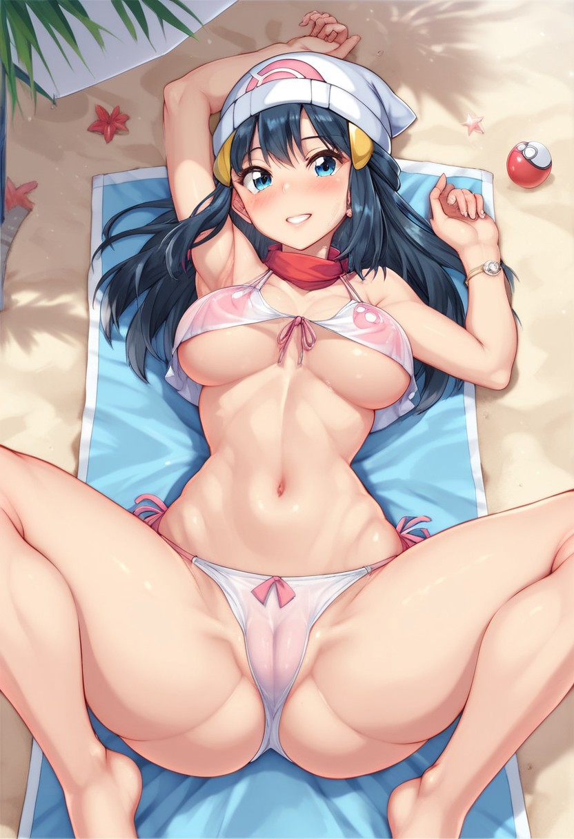 score_9, score_8, Dawn (pokemon), solo, compromising position,
beach Setting