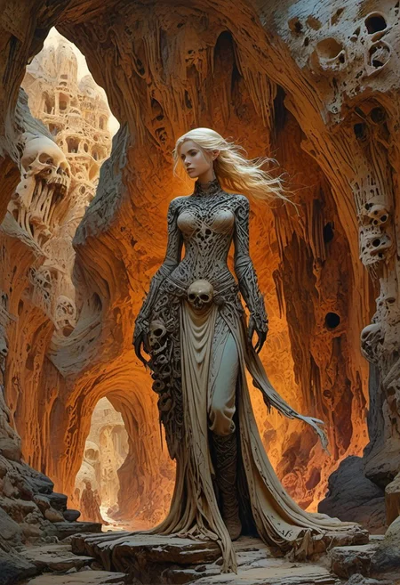 A beautiful blonde, standing in a cave, high quality fantasy art, Full skull arm with strange architecture and down on a suspended mid-air jet. stunning color scheme, high use of black ink, masterpiece maximalist. intricately detailed, complex, and fluid lines, all interwoven to create a sense of rhythm and flow.