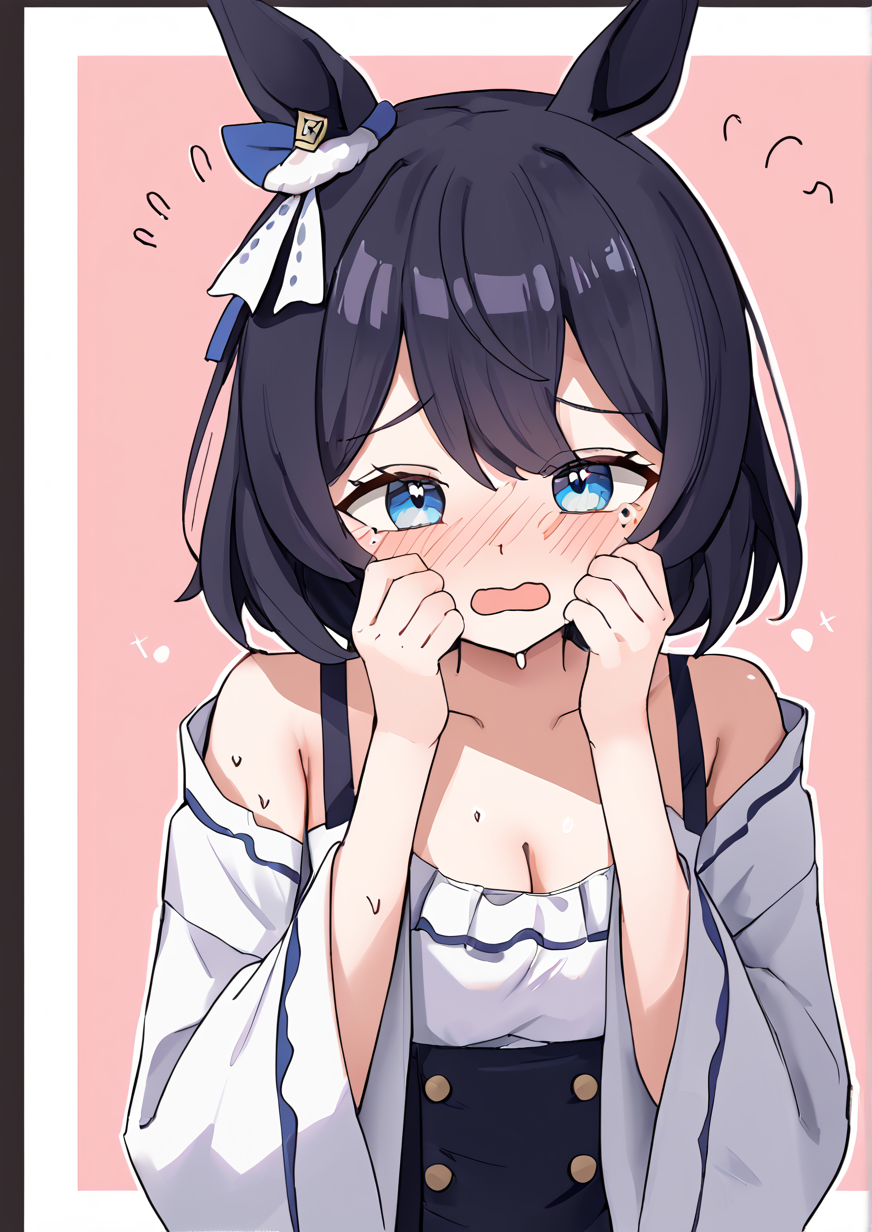 1girl, eishin flash (umamusume), huge breast, @_@, animal ears, bare shoulders, black border, black hair, black sleeves, blue eyes, blush, bob cut, border, breasts, cleavage, embarrassed, flying sweatdrops, hair between eyes, hands on own cheeks, hands on own face, hands up, horse ears, long sleeves, medium hair, nervous sweating, nose blush, open mouth, shirt, solo, sparkle background, sweat, swept bangs, upper body, wavy mouth, white shirt, wide sleeves, zPDXL3,handfixer <lora:hgihstar25671:0.8> <lora:HandFixer_pdxl_Incrs_v1:1>