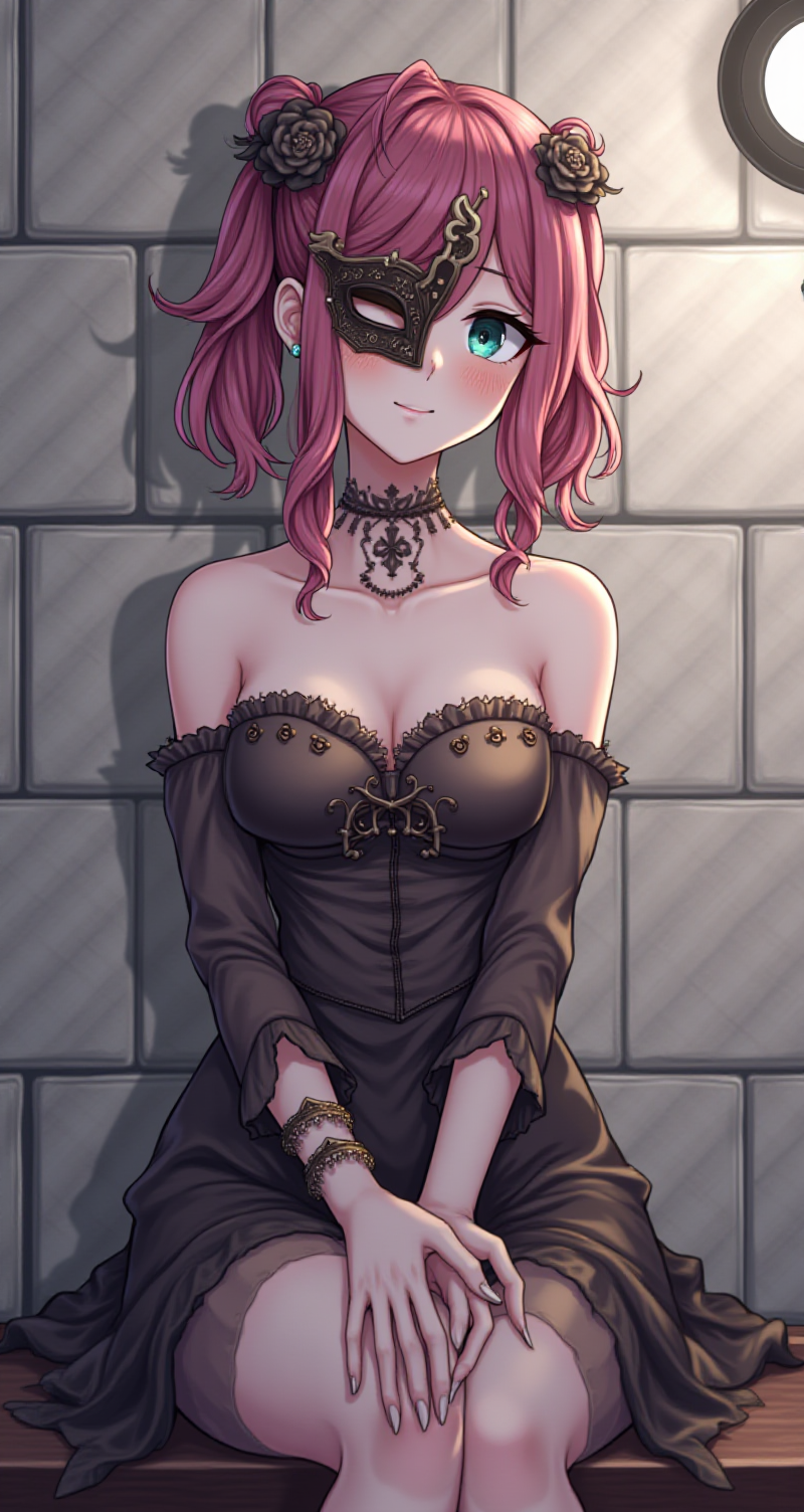 score_9, score_8_up, score_8, score_7_up, score_7,  adult female,tiny tits, flat , female, neon hair, long hair, hair, hair over one eye,  dark eyebrow, cute face,  freckles,  ear piercing,  anime girl, petite body, thin, short,small face ,  ,  cute, easynegative,    blushing,
Masquerade Ball Guest: Elegant gown, intricate mask, gloves, ornate jewelry, updo hairstyle, mysterious, sophisticated.
score_9, score_8_up, score_7_up, score_6_up, slim girl, perfect small breasts,,  blushing nose, twin short ponytail,  knees together,  outside against tile wall of building, lamp white light, tiled wall, cowboy shot, stay near wall, chest up, knees together
sinozick style,g4n1m3,