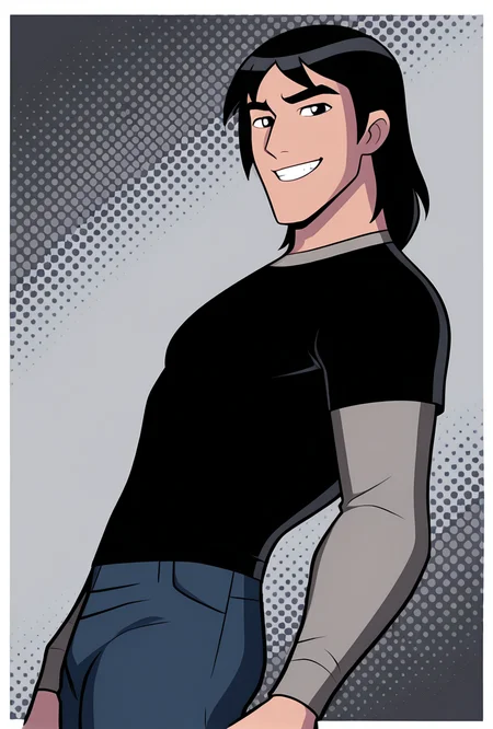 <lora:kevaf-10:1> kevaf, black hair, 1boy, solo, black shirt, layered sleeves, short over long sleeves, thick eyebrows, dynamic pose, grey background, smile, teeth, jeans, masterpiece, best quality, amazing quality, very aesthetic, absurdres, newest,, upper body, halftone effect, white borders, abstract background:1.2,