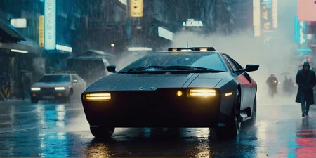 cinematic film still of <lora:Blade Runner Style:1>
wide shot, ARRIRAW 4K Cinematic Arri Alexa Mini, Zeiss Master Prime Lenses, Panavision, Film Stock Footage of a futuristic car is driving through the rain in the city above ground Blade Runner style, shallow depth of field, vignette, highly detailed, high budget, bokeh, cinemascope, moody, epic, gorgeous, film grain, grainy