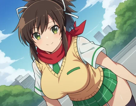 score_9, score_8_up, score_7_up, source_anime,
skasuka, <lora:sk-asuka-ponyxl-lora-nochekaiser:1>
asuka, brown hair, green eyes, ribbon, hair ribbon, ponytail, smile, large breasts,
skirt, school uniform, necktie, scarf, short sleeves, sweater, sweater vest,
outdoors, cityscape, bent over,
looking at viewer, dutch angle, cowboy shot