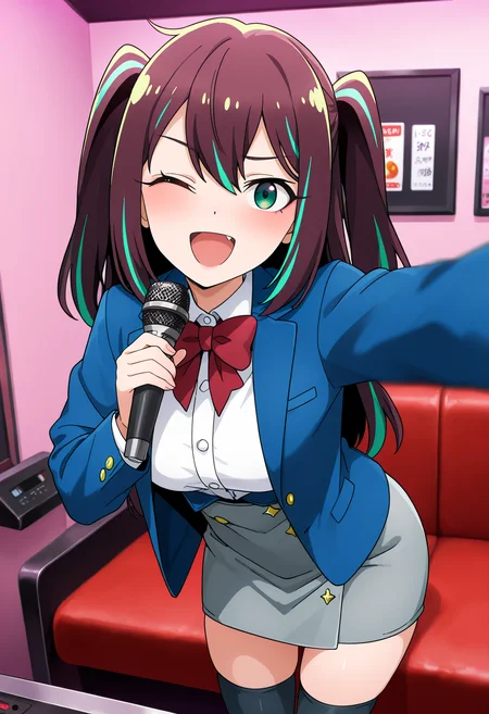 masterpiece, best quality, 1girl, <lora:akoya_matama-illustriousXL-v1:0.9> akoya matama, green eyes, brown hair, aqua hair, streaked hair, blue jacket, red bowtie, white shirt, long sleeves, grey skirt, black thighhighs, looking at viewer, indoors, karaoke box, depth of field, ;d,