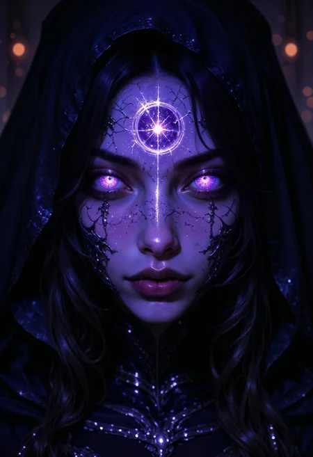 A mystical sorceress, her face partially shrouded in shadow. Her eyes are the centerpiece—deep, glowing violet orbs that pulse with the power of the void. The irises swirl with dark energy, reflecting galaxies and distant stars, giving her gaze an otherworldly allure. Her long, jet-black hair falls in soft waves around her face, and faint sigils are etched across her pale skin, glowing faintly in the darkness. Her lips part slightly as she murmurs an incantation, and the scene is bathed in a subtle, eerie light, emphasizing the arcane power radiating from her gaze.