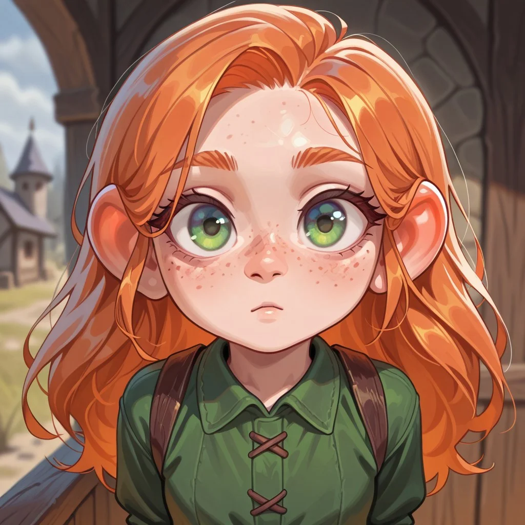 masterpiece, best quality, amazing quality, very aesthetic, solo, upper body,
gnome, short stature, shortstack, big eyes, big ears,
1 girl, female focus, ginger hair, long hair, green eyes, freckles, green shirt, medieval office shirt,
looking at the viewer, posing,
fantasy background, blurred background,