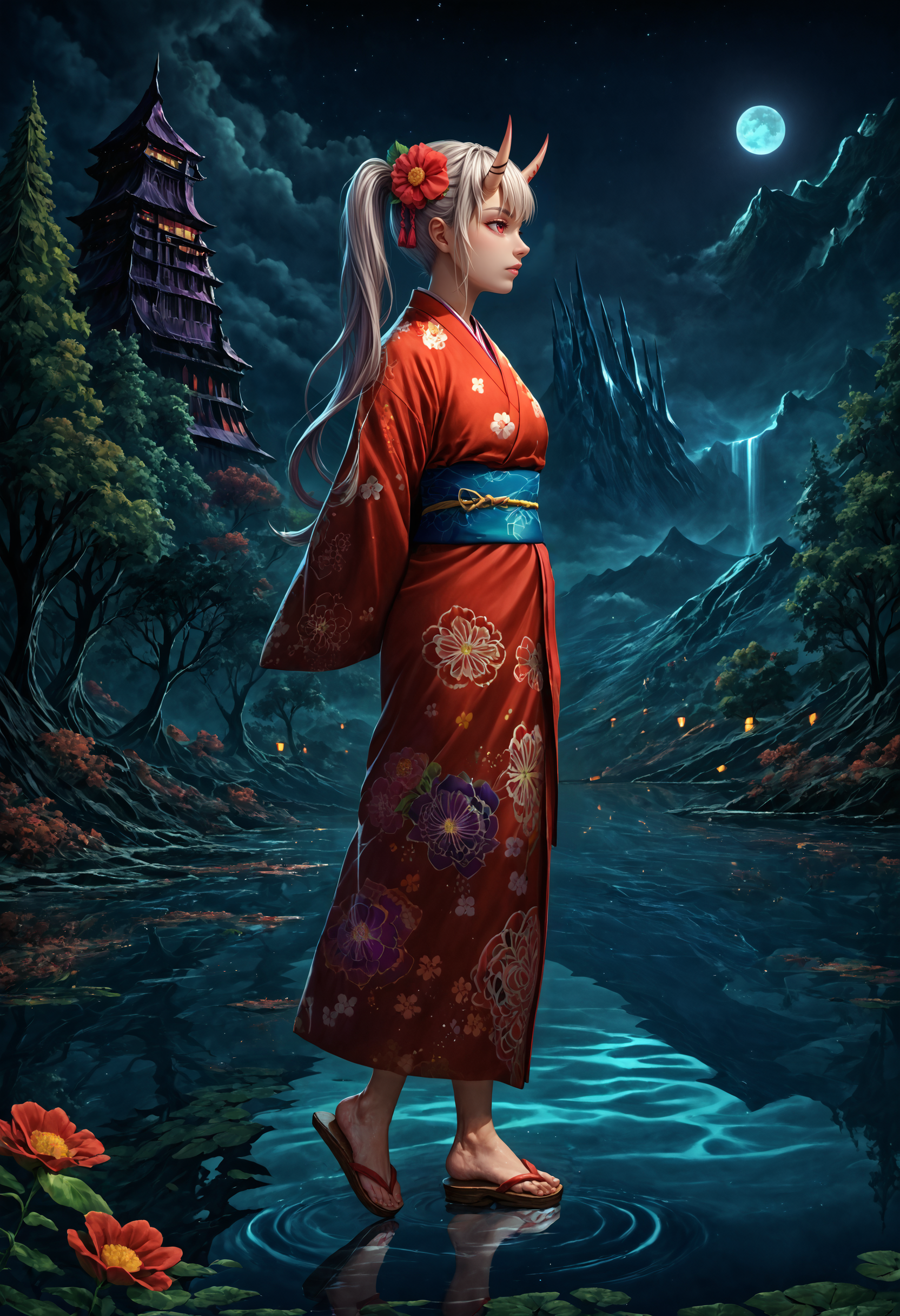 score_9, score_8_up, score_7_up, detailed, aesthetic, 8k unreal engine photorealism, ethereal lighting, purple, nighttime, darkness, surreal art, fantasy, glowing, night, (dark environment), <lora:NakiriAyamePDXL:0.8>, AyameNewYears, oni horns, long hair, side ponytail, red kimono, floral print, hair flower, sash, haori, scenery, ink, mountains, water, trees, full body, reflection, light, arm behind back, sandals, from side,