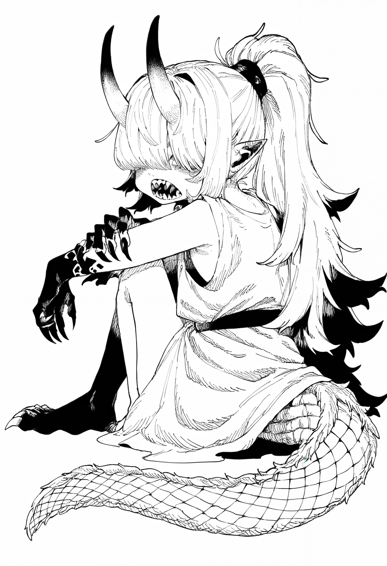 1girl, solo, long hair, ponytail, short bangs, pointy ears, sharp teeth, oni horns, claws, dragon tail, dress, hair over eyes, 
from behind, looking at viewer, sitting, knees to chest, 
masterpiece, best quality, amazing quality, absurdres, newest, greyscale, ink \(medium\), hatching \(texture\), 
 <lora:HB_091:0.8>