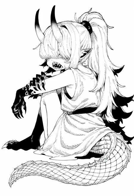1girl, solo, long hair, ponytail, short bangs, pointy ears, sharp teeth, oni horns, claws, dragon tail, dress, hair over eyes,
from behind, looking at viewer, sitting, knees to chest,
masterpiece, best quality, amazing quality, absurdres, newest, greyscale, ink \(medium\), hatching \(texture\),
<lora:HB_091:0.8>