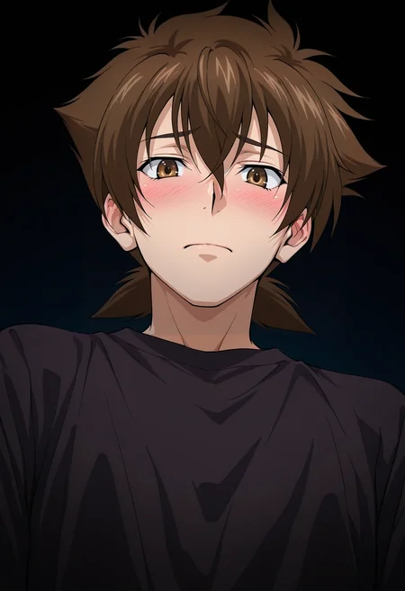 masterpiece, best quality, intricate details, semi-realistic, looking at viewer, 1boy, solo, male focus, <lora:issei_hyoudou_ilxl:0.96>, issei_hyoudou, brown hair, brown eyes, hair between eyes, short hair, , from below, ayers rock, dark, slouching, shy, blush,