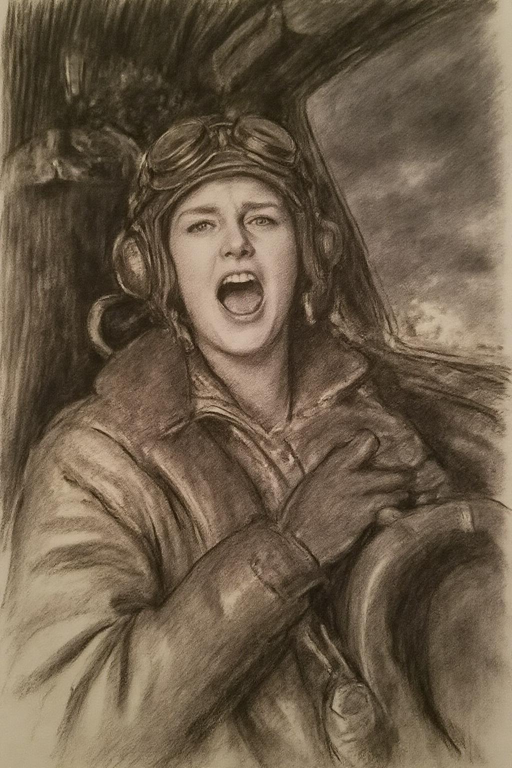 johnss1 charcoal drawing.
A female pilot screaming inside the cockpit of a World War II bomber. The pilot, wearing a vintage leather flight helmet with goggles and a bomber jacket, grips the controls with white-knuckled hands. Her face is contorted in a mix of fear and determination as she yells, her eyes wide with adrenaline. The cockpit is cramped and filled with old-fashioned dials and gauges, with the outside view showing dark stormy clouds and distant anti-aircraft fire <lora:johnss1_cap_d6a3e12:1.0><lora:824353427254568762:0>
