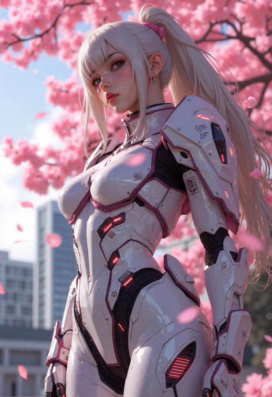 hyper-realisitic, hyper-detailed, detailed foreground, RAW photo, detailed clothing, detailed lighting, curvy figure, futuristic female warrior adorned in intricate white and pink armor, cherry blossom petals interwoven within the mechanical design, standing confidently amidst a cityscape, highly detailed mecha suit with sharp angular patterns and glowing accents, soft pink hues reflecting the delicate blossoms, cinematic lighting, ultra-realistic textures, anime-inspired aesthetic, vibrant pastel colors <lora:Flux__Semi-realistic_art_style-000004:0.3500000000000001> <lora:MoriiMee_Gothic_Niji_Style_FLUX:0.6500000000000001>