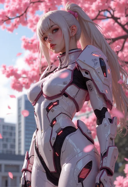 hyper-realisitic, hyper-detailed, detailed foreground, RAW photo, detailed clothing, detailed lighting, curvy figure, futuristic female warrior adorned in intricate white and pink armor, cherry blossom petals interwoven within the mechanical design, standing confidently amidst a cityscape, highly detailed mecha suit with sharp angular patterns and glowing accents, soft pink hues reflecting the delicate blossoms, cinematic lighting, ultra-realistic textures, anime-inspired aesthetic, vibrant pastel colors <lora:Flux__Semi-realistic_art_style-000004:0.3500000000000001> <lora:MoriiMee_Gothic_Niji_Style_FLUX:0.6500000000000001>