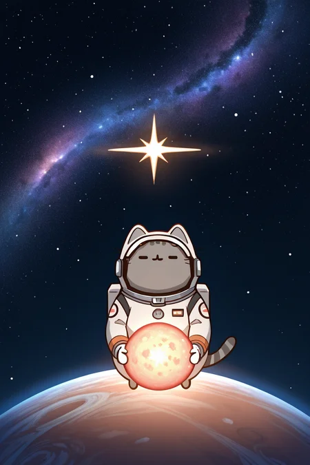 masterpiece, best quality, pusheen, floating in space, wearing an astronaut helmet, holding a tiny planet, stars, galaxies, spaceship in background ,<lora:PusheenIXL:1.0>,
