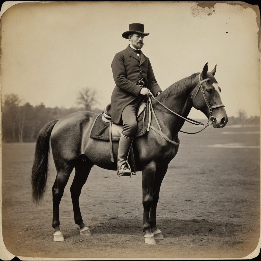 1860s sepia photo, torn, faded, lightly burned of Duke Smitherington on his horse.