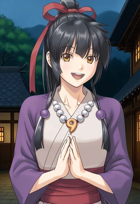 1girl, solo, mikogamisama, koyoriamamiya, black hair, ponytail, hair ribbon, red ribbon, hair bell, yellow eyes, brown eyes, kimono, purple jacket, magatama necklace, sash, outdoors, village, japanese village, hands together, smile, looking at viewer, cowboy shot, open mouth