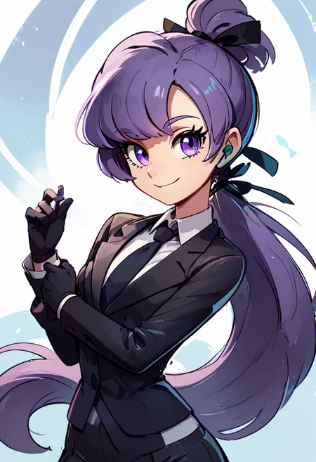 score_9, score_8, (curvy), cute, eyelashes,
BREAK,
zzAnabel, purple hair, purple eyes, long hair, ponytail, ribbon, hair ribbon, bangs, black ribbon, black suit, formal, black tie, black gloves,
,BREAK,
smile, looking at viewer, cowboy shot, zPDXL, Expressiveh,