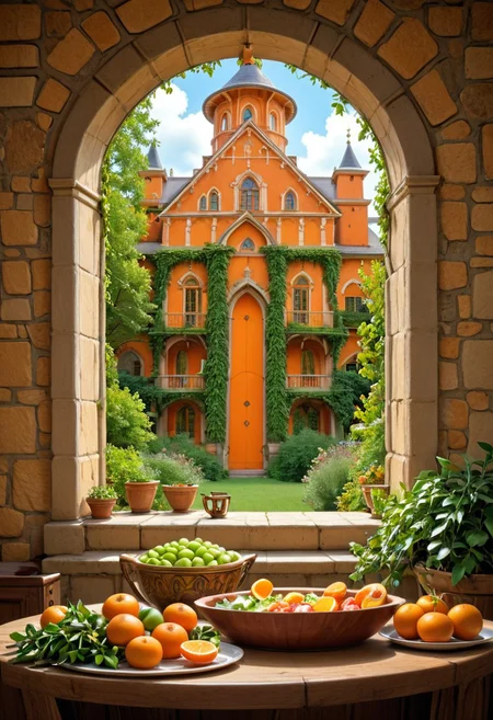 score_9, score_8_up, score_7_up, An image of a warm, sunny kitchen, where a craftsman is creating a unique culinary work of art using orange slices. On the light wooden table, there is a large circular plate where, with precision and creativity, the orange slices have been arranged to form a castle. Each slice shines in the sunlight coming through the window, its orange hues varying from pale to vibrant, creating an image reminiscent of a floral mandala. As the craftsman works, he adds fine details, using the peels and green leaves to accentuate the work. The citrus scent fills the air, giving a refreshing and joyful feeling to the room. This mosaic is not only a visual delight, but also a tribute to the natural beauty of fruits and human creativity.