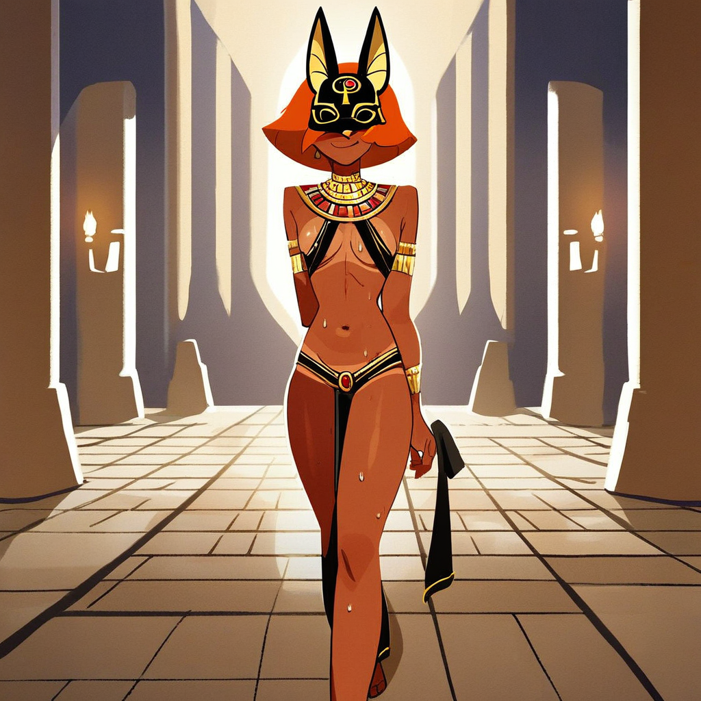 score_9, score_8_up, score_7_up, source_cartoon BREAK 1girl, solo, ann possible, orange hair, short hair, blush, smile, sweat, indoors, night, candles, low light, darkness, Anubis cosplay, tanned skin, headdress, golden bracelet, gold jewel, cat ears, 2d, medium breasts, perky breasts, hands behind back, seductive, temptress, navel, walking, swaying, stone floor, temple, anubis mask, rating_questionable