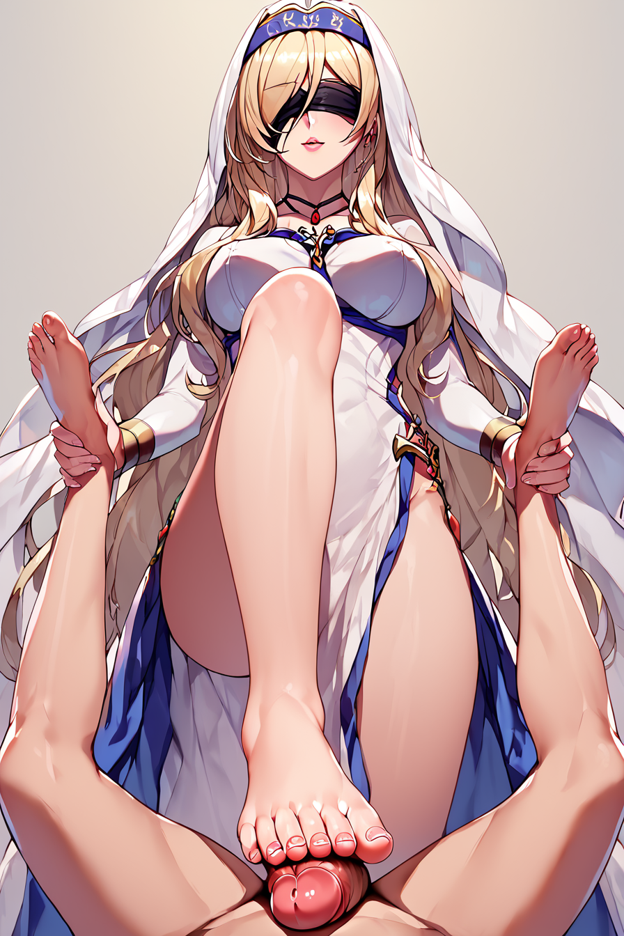 score_9, score_8_up, score_7_up, score_6_up, score_5_up, score_4_up,  <lora:sword-maiden-ponyxl-lora-nochekaiser:0.8>,sword maiden, long hair, bangs, blonde hair, blindfold, covered eyes, black blindfold, <lora:Footjob_holding_legs:0.7>, standing, stepped on, footjob, 1girl, 1boy, pov, from below, penis, holding legs, ankle grab, toes, 5_toes, looking down, masterpiece, highres, highly detailed face, highly detailed shining eyes, symmetrical highly detailed eyes, simple background